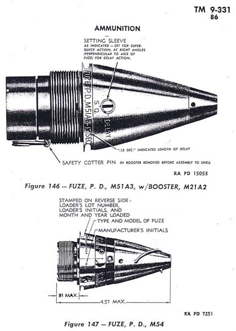 The <b>projectile</b> contains a total of the 72 dual-purpose grenades (48 each M42 and 24 each M46). . 155mm artillery shell fuze combinations